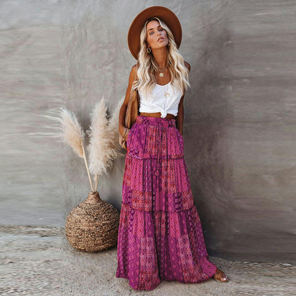 Women's Summer Bohemian Long Skirts Flowy High Waist A Line Maxi Skirts