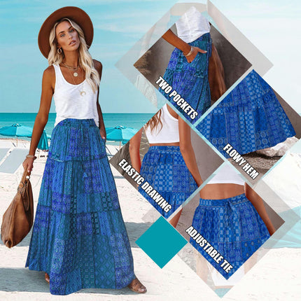 Women's Summer Bohemian Long Skirts Flowy High Waist A Line Maxi Skirts