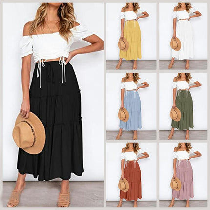 Women's Summer Flowy Boho Midi Skirt High Waist Tiered A Line Beach Skirts