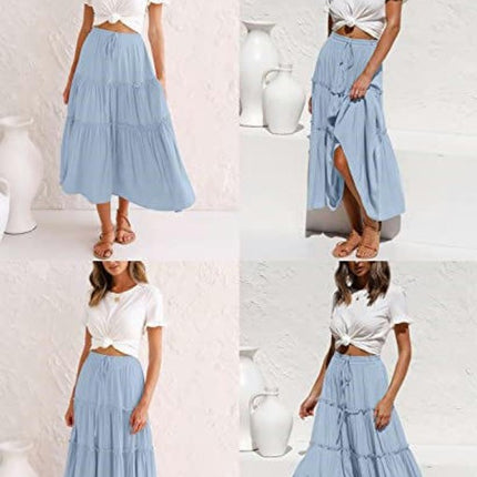 Women's Summer Flowy Boho Midi Skirt High Waist Tiered A Line Beach Skirts