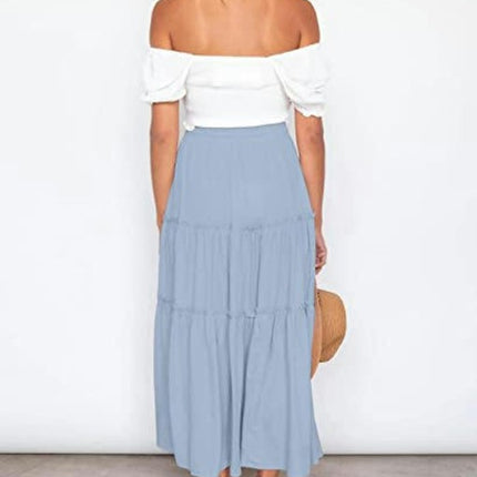 Women's Summer Flowy Boho Midi Skirt High Waist Tiered A Line Beach Skirts