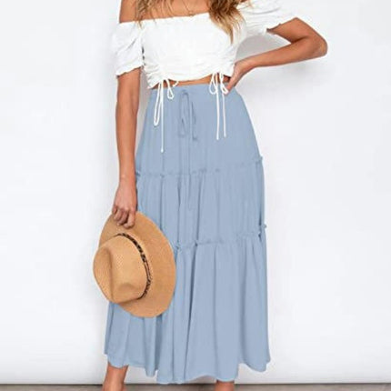 Women's Summer Flowy Boho Midi Skirt High Waist Tiered A Line Beach Skirts