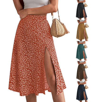 Women's High Waisted Midi Skirt Floral Print Slit A Line Beach Skirts