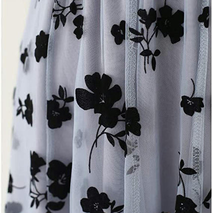 Women's Elastic High Waist Floral Tulle Ruffle Pleated A-Line Swing Midi Skirt