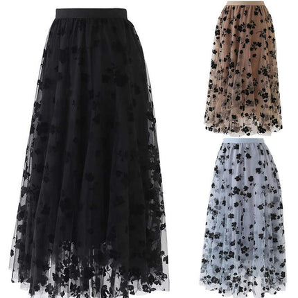 Women's Elastic High Waist Floral Tulle Ruffle Pleated A-Line Swing Midi Skirt
