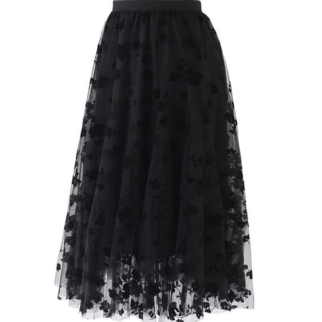 Women's Elastic High Waist Floral Tulle Ruffle Pleated A-Line Swing Midi Skirt