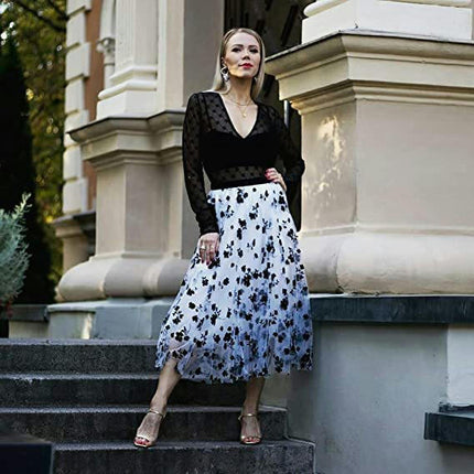 Women's Elastic High Waist Floral Tulle Ruffle Pleated A-Line Swing Midi Skirt