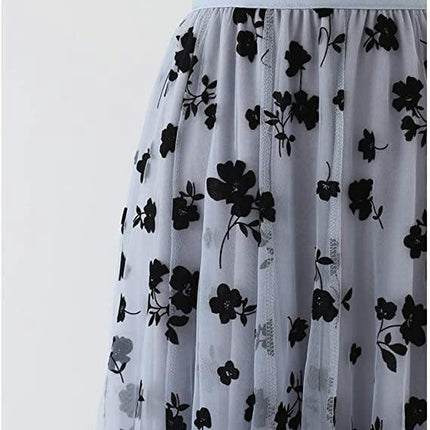 Women's Elastic High Waist Floral Tulle Ruffle Pleated A-Line Swing Midi Skirt