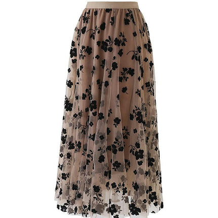 Women's Elastic High Waist Floral Tulle Ruffle Pleated A-Line Swing Midi Skirt
