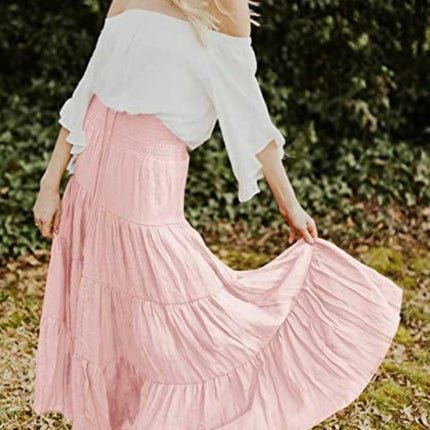 Women's Maxi Skirts Elastic High Waist Boho Tiered A-Line Ruffle Long Skirts