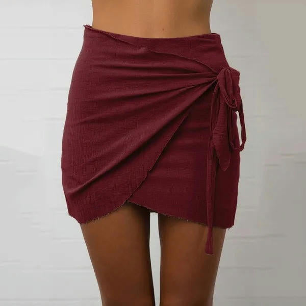 Womens Mini Wrap Skirt Tie High Waist Asymmetrical Hem Short Skirts
