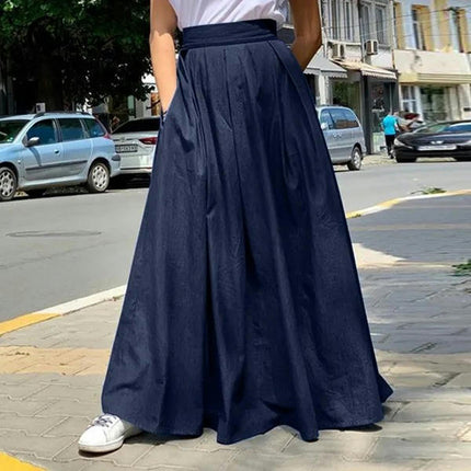 Women's Maxi Skirt Elastic High Waist A Line Casual Flared Long Skirt with Pockets