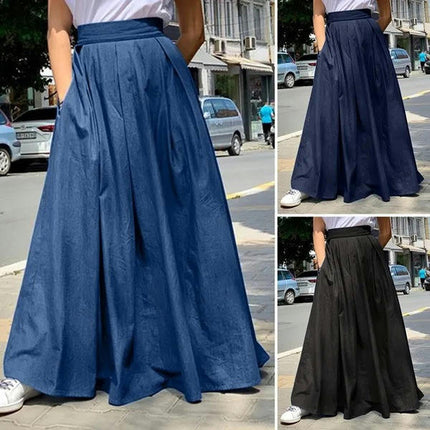 Women's Maxi Skirt Elastic High Waist A Line Casual Flared Long Skirt with Pockets
