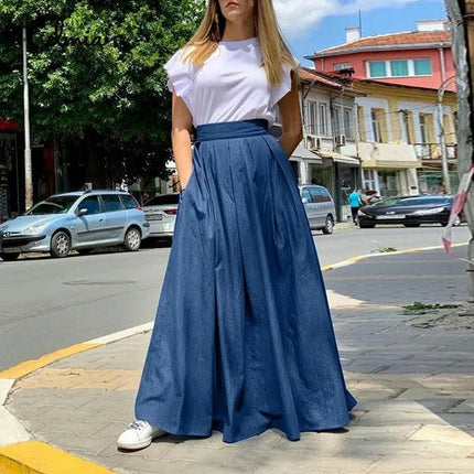 Women's Maxi Skirt Elastic High Waist A Line Casual Flared Long Skirt with Pockets