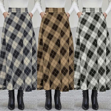 Women's Plaid Skirt Elastic Waist A-line Midi Pleated Skirts