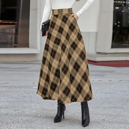 Women's Plaid Skirt Elastic Waist A-line Midi Pleated Skirts