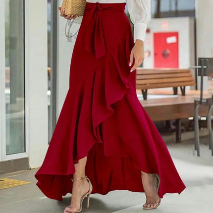Women's High Waist Asymmetrical Ruffle Hem A-line High Low Maxi Skirt