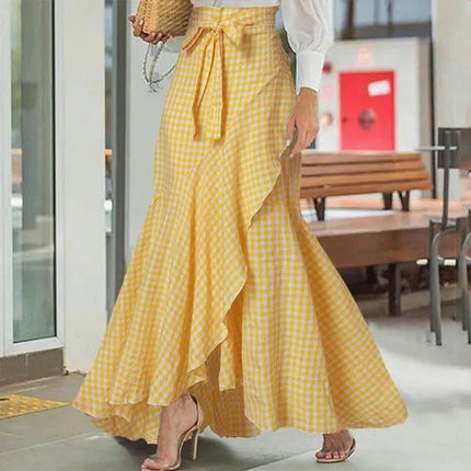 Women's High Waist Asymmetrical Ruffle Hem A-line High Low Maxi Skirt