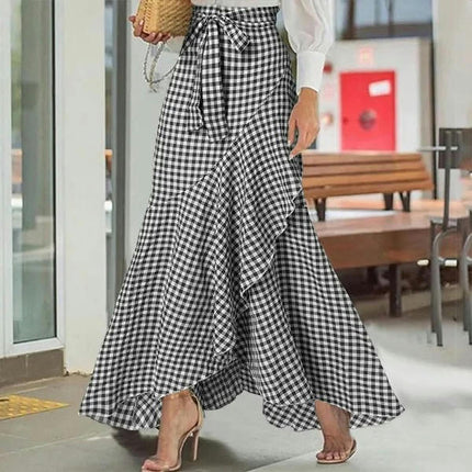Women's High Waist Asymmetrical Ruffle Hem A-line High Low Maxi Skirt