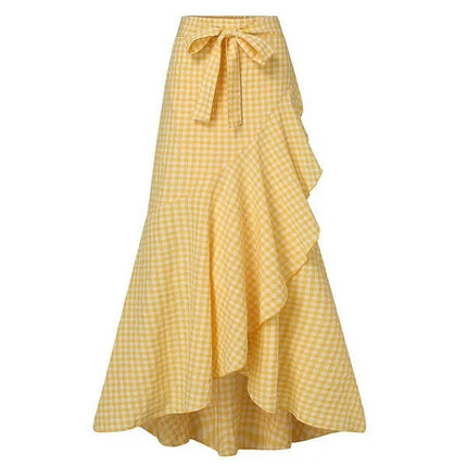 Women's High Waist Asymmetrical Ruffle Hem A-line High Low Maxi Skirt