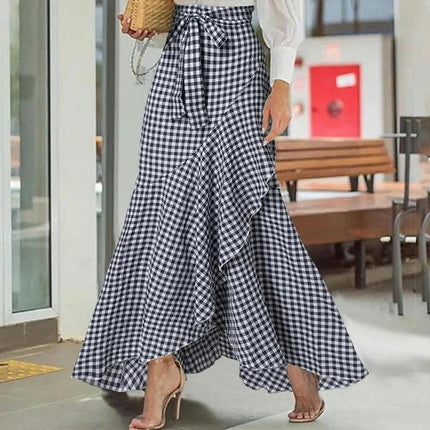 Women's High Waist Asymmetrical Ruffle Hem A-line High Low Maxi Skirt