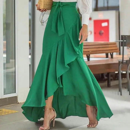 Women's High Waist Asymmetrical Ruffle Hem A-line High Low Maxi Skirt