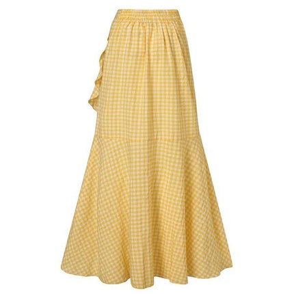 Women's High Waist Asymmetrical Ruffle Hem A-line High Low Maxi Skirt