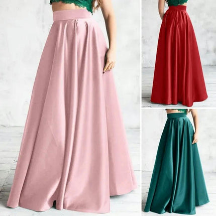 Women Satin Long Skirt Elegant High Waist Cocktail Party Wedding Flared A-Line Maxi Skirts