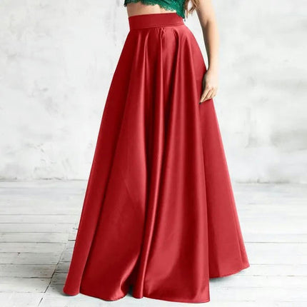 Women Satin Long Skirt Elegant High Waist Cocktail Party Wedding Flared A-Line Maxi Skirts