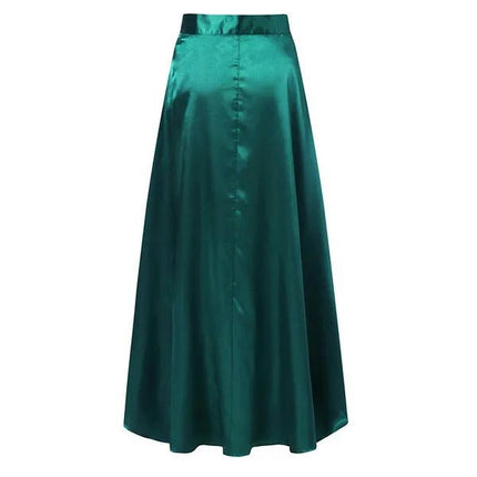 Women Satin Long Skirt Elegant High Waist Cocktail Party Wedding Flared A-Line Maxi Skirts