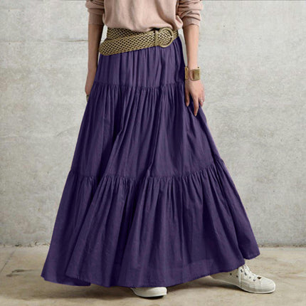 Women's Summer Boho Flowy Swing Tiered A-Line Maxi Skirt Elastic Waist Pleated Long Beach Dress