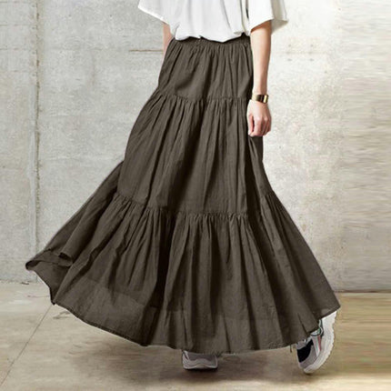 Women's Summer Boho Flowy Swing Tiered A-Line Maxi Skirt Elastic Waist Pleated Long Beach Dress