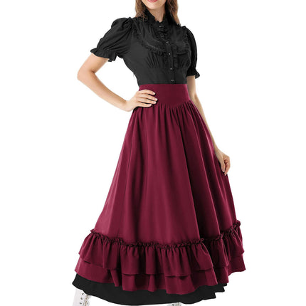 Victorian Maxi Skirt for Women Renaissance Long Double-Layer Ruffle Skirt