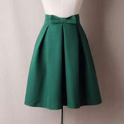 Womens Vintage Bow High Waist A-Line Pleated Skater Skirt Flared Midi Skirt