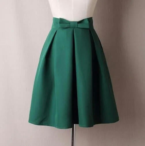 Womens Vintage Bow High Waist A-Line Pleated Skater Skirt Flared Midi Skirt