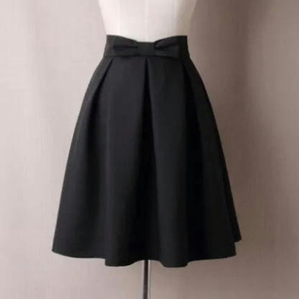 Womens Vintage Bow High Waist A-Line Pleated Skater Skirt Flared Midi Skirt