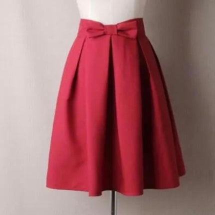 Womens Vintage Bow High Waist A-Line Pleated Skater Skirt Flared Midi Skirt