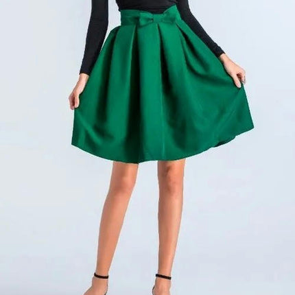 Womens Vintage Bow High Waist A-Line Pleated Skater Skirt Flared Midi Skirt