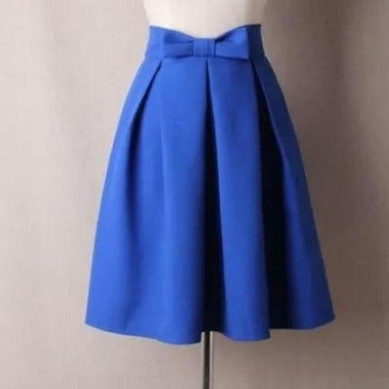 Womens Vintage Bow High Waist A-Line Pleated Skater Skirt Flared Midi Skirt