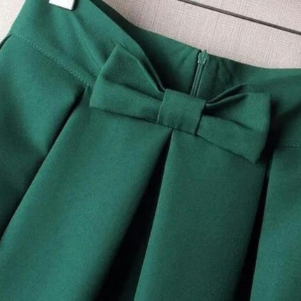 Womens Vintage Bow High Waist A-Line Pleated Skater Skirt Flared Midi Skirt