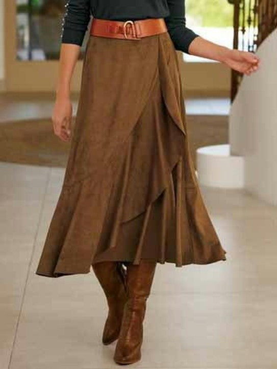 Corduroy Skirt for Women Asymmetric Ruffle A-Line Swing High Waist Midi Skirts