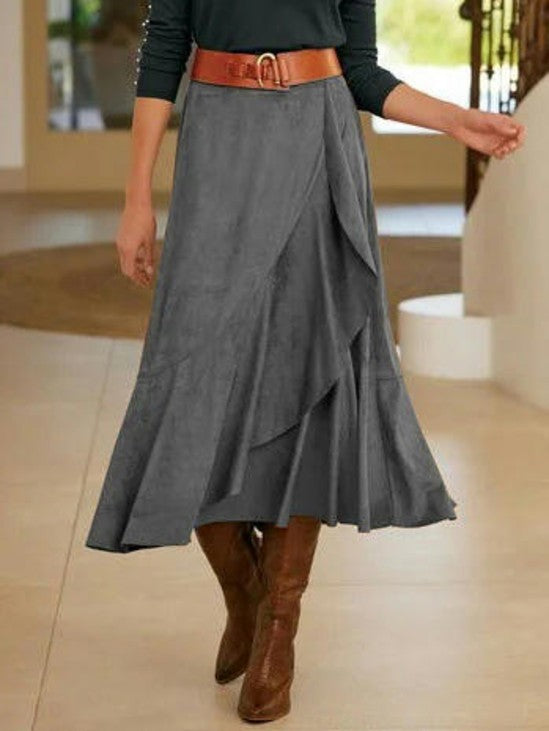 Corduroy Skirt for Women Asymmetric Ruffle A-Line Swing High Waist Midi Skirts
