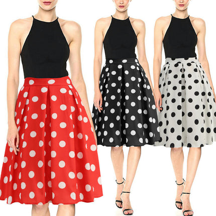 Women Vintage Polka Dot A Line Pleated Midi Skirt Cocktail Swing Skirt High Waist Flared Skirt