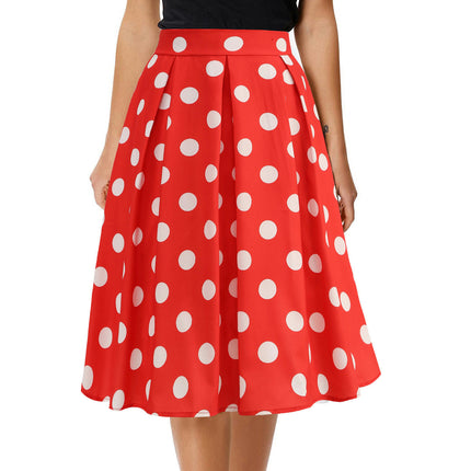 Women Vintage Polka Dot A Line Pleated Midi Skirt Cocktail Swing Skirt High Waist Flared Skirt