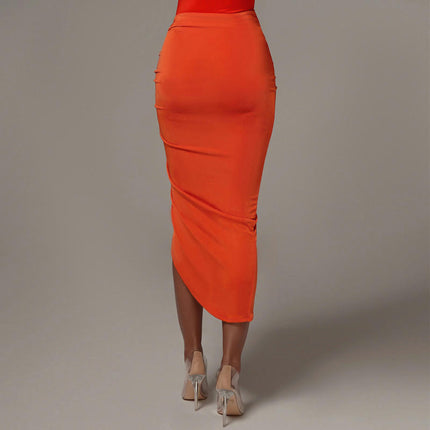 Women's Asymmetrical Bodycon Drawstring Ruched Midi Skirt with Slit