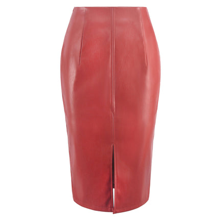Women's Faux Leather Pencil Skirt High Waist Bodycon Split Midi Skirt