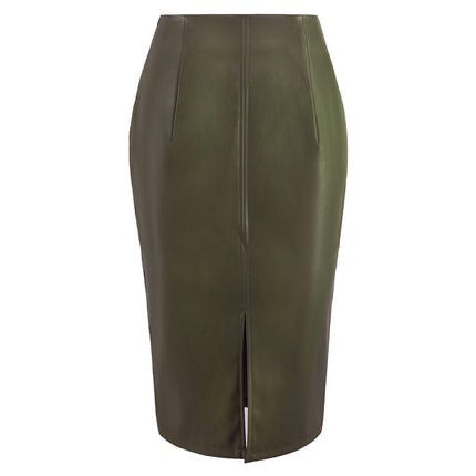 Women's Faux Leather Pencil Skirt High Waist Bodycon Split Midi Skirt
