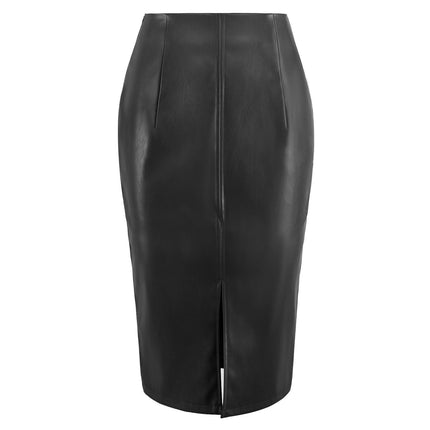 Women's Faux Leather Pencil Skirt High Waist Bodycon Split Midi Skirt