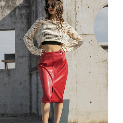 Women's Faux Leather Pencil Skirt High Waist Bodycon Split Midi Skirt