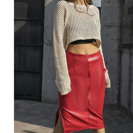 Women's Faux Leather Pencil Skirt High Waist Bodycon Split Midi Skirt